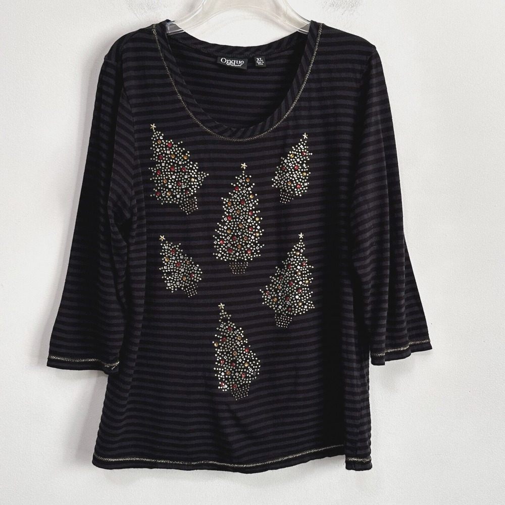 Onque Casuals Top Tee XL Bling Christmas Tree 3/4 Sleeve Black Gray Stripe Party